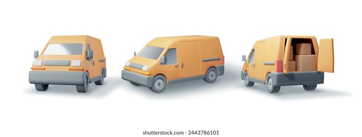 3D Set of Delivery Van Car Isolated on White. Render Collection of Express Delivering Services Commercial Truck. Concept of Fast and Free Delivery by Car. Cargo and Logistic. Vector Illustration