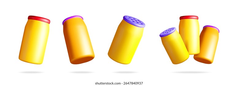 3D set of detergent powder bottle isolated on white. Render collection of home cleaning product container in powder icon.