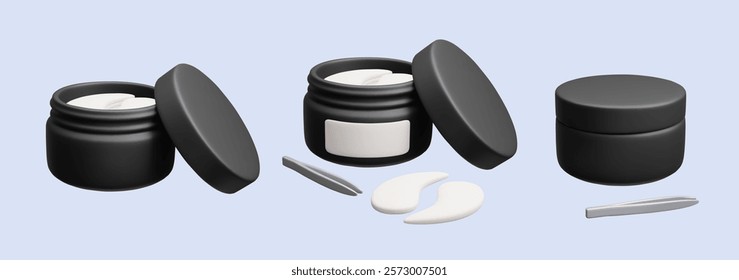 3D set of different eye patches packages. Luxury elegant black hydrogel hydrating eye patches cosmetic makeup 3D vector icon set. Skincare cosmetic product gel eye patches jar 3D vector render.