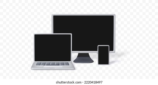 Conjunto 3D de gadgets digitales se burlan del aislado en un fondo transparente. El teléfono móvil portátil y el monitor de PC supervisan una representación realista para el diseño de banners web. Ilustración del vector