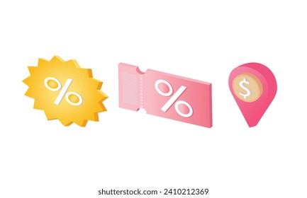 3D set with discounts. 3d vector illustration. Shopping, sale, promotion. Illustration for marketing promotion design.3d goal for technology,online social media usage illustration.