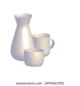 3D-Set von Gerichten auf weißem Hintergrund. Vektorillustration. Kann zum Erstellen von Prospekten, Katalogen, Menüs, Präsentationen und anderen Layouts verwendet werden