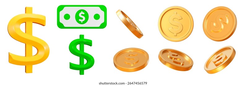 3d set dollar sign, icon, cash, coins. Money, currency, cash. Stock vector illustration on isolated background.