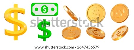 3d set dollar sign, icon, cash, coins. Money, currency, cash. Stock vector illustration on isolated background.