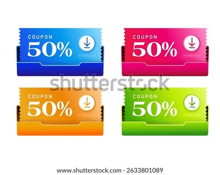 3d set of downloadable coupon templates in different colors. Set of gift vouchers in a dock, with price off code, in 3d vector