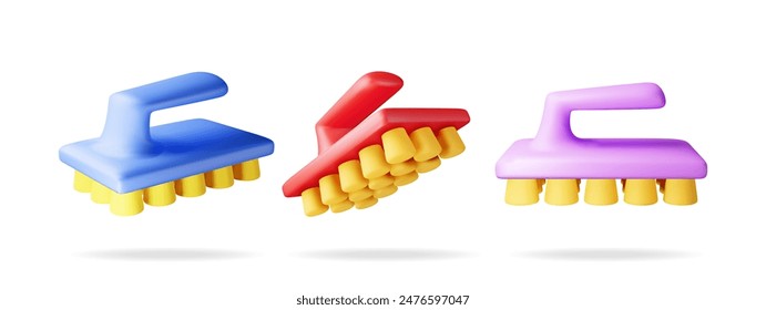 3D set of dry hand cleaning brush isolated. Render collection of dry cleaning brush icon. House cleaning equipment. Household accessories. Realistic vector illustration