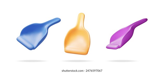 3D-Satz von DustPan-Symbol isoliert auf weiß. Render Kollektion des Handstaubpfannensymbols, Reinigen der Plastikschaufel. Hausreinigungsgeräte. Haushaltszubehör. realistische Vektorillustration