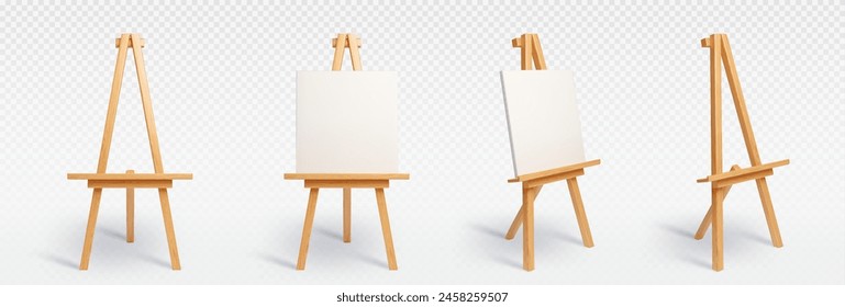 3D set of easel stands isolated on transparent background. Vector realistic illustration of wooden tripod with blank white canvas, front and side view, art studio or painting school design elements