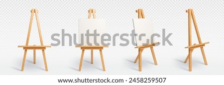 3D set of easel stands isolated on transparent background. Vector realistic illustration of wooden tripod with blank white canvas, front and side view, art studio or painting school design elements