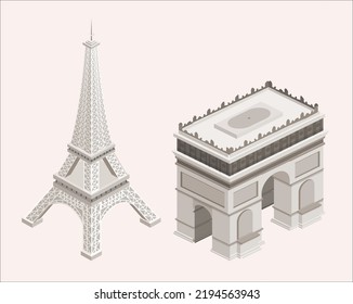 3d set Eiffel Tower with white background isolated. Paris, France. Paris arc de triumph View. vector illustration 