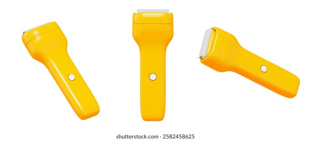 3d set electric hair clippers or trimmers yellow color with different angles. Razor for barbershop. Cartoon style. Front view. Stock vector illustration on isolated background.