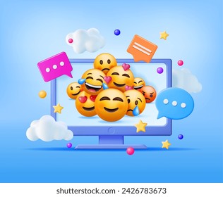 Conjunto 3D de emoticonos en el ordenador. Medios sociales Caras amarillas con diversas emociones y expresión. Lágrima Sonríe Triste Amor Feliz Infeliz Como Lol Angry Wink Risa Emoji Personaje. Ilustración vectorial