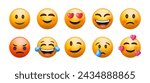 3D Set of Emoticons Isolated. Round Yellow Faces with Various Emotions and Expression. Tear Smile Sad Love Happy Unhappy Like Lol Angry Wink Laughter Emoji Character Collection. Vector Illustration