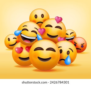 Conjunto 3D de emoticonos aislados. Rostros redondos amarillos con diversas emociones y expresión. Lágrima Sonríe Triste Amor Feliz Infeliz Como Lol Angry Wink Risa Emoji Colección De Personajes. Ilustración vectorial