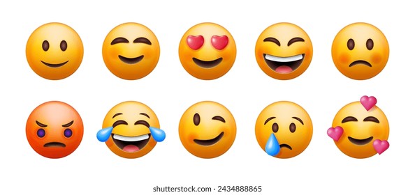 3D Set of Emoticons Isolated. Round Yellow Faces with Various Emotions and Expression. Tear Smile Sad Love Happy Unhappy Like Lol Angry Wink Laughter Emoji Character Collection. Vector Illustration