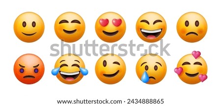 3D Set of Emoticons Isolated. Round Yellow Faces with Various Emotions and Expression. Tear Smile Sad Love Happy Unhappy Like Lol Angry Wink Laughter Emoji Character Collection. Vector Illustration