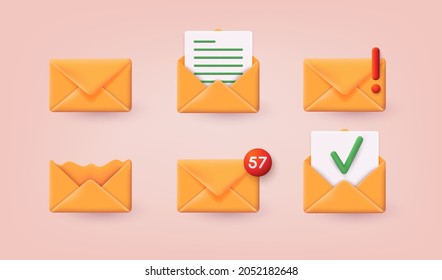 3d set of envelopes with different signs. Office document or message. 3D Web Vector Illustrations.