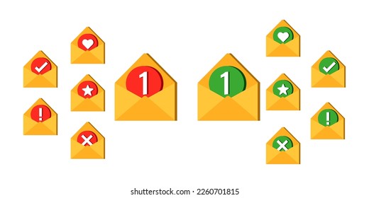3d set of envelopes with different signs. Office document or message. 3D Web Vector Illustrations.