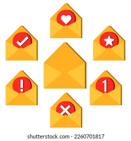 3d set of envelopes with different signs. Office document or message. 3D Web Vector Illustrations.