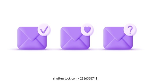 3d set of envelopes isolated on white background. Like, heart, check marks, question mark. Trendy ana modern vector in 3d style.