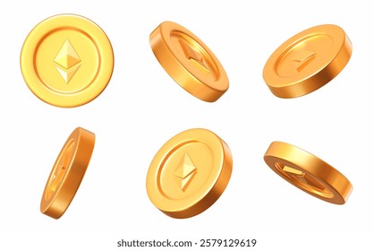 3D set of Etherium gold coins in different angles. A symbol of gold and wealth. Stock vector illustration on isolated background