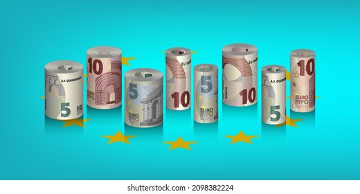 3D set of EU paper money, rolled into rolls. 5 and 10 euro banknotes, obverse and reverse with shadows on a bright cyan background