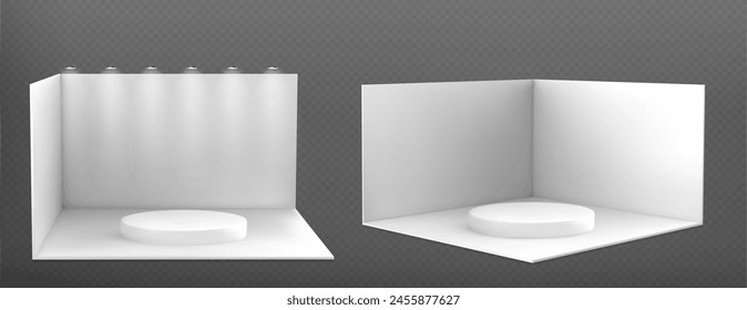 3D set of exhibition booth mockups isolated on transparent background. Vector realistic illustration show room with blank walls, round white stage for product presentation, spotlight illumination