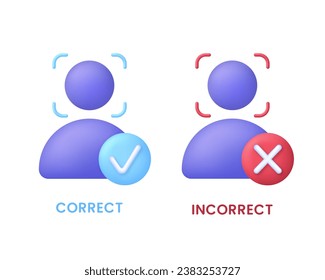 3D Set of Face recognition illustration. Concept of facial recognition, face ID system, biometric identification, face scan system. Cyber security concept. Modern vector in 3d style.