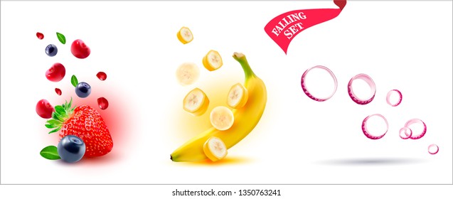 3d. Set of falling fruits, vegetables and berries. Falling pieces, slices. Strawberry. Banana. Onion. Vector image.