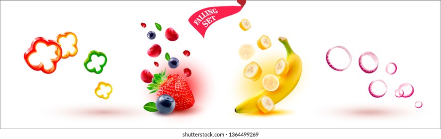 3d. Set of falling fruits, vegetables and berries. Falling pieces, slices. Strawberry. Banana. Onion.Pepper.Rings of sweet pepper. Vector image.