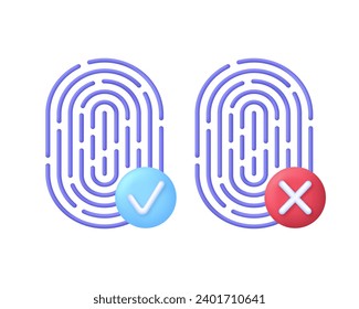 3D Set of Fingerprint icons with check and cross marks. Fingerprint scanning. The concept of biometric authorization and business security. Trendy and modern vector in 3d style