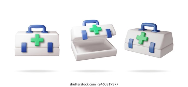 3d set of first aid kit with green cross isolated. Render collection of plastic bag for medicine. Healthcare, hospital and medical diagnostics. Urgency and emergency services. Vector illustration