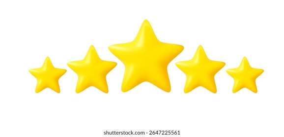 3d Set of five glossy yellow stars in a row, symbolizing rating, customer feedback, or quality evaluation on white background. Design elements. 3d rendering. Vector illustration