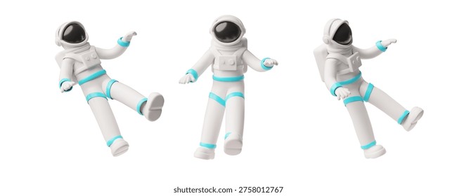 A 3D set of floating characters in white astronaut suits, in different poses from different angles. Children's toy. Space, science, exploration, future. Vector. Cartoon style. Isolated background.