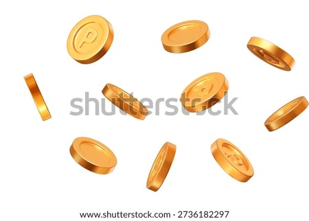 3d set flying golden point coins with different angles. Stock vector illustration on isolated background.	