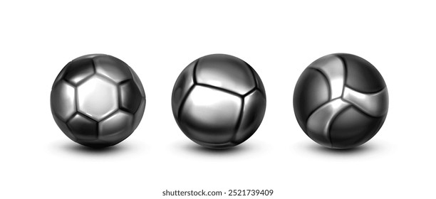 Conjunto 3D de bolas de futebol isoladas sobre fundo branco. Ilustração realista vetorial de futebol preto e prata, acessório de handebol e voleibol, troféu de torneio esportivo, prêmio do vencedor do campeonato