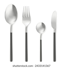 3D set of fork, knife and spoon isolated on white background. Vector realistic illustration of silver or stainless steel cutlery collection, modern restaurant kitchen flatware design, dining tools