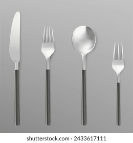 3D set of fork, knife and spoon isolated on white background. Vector realistic illustration of silver or stainless steel cutlery collection, modern restaurant kitchen flatware design, dining tools