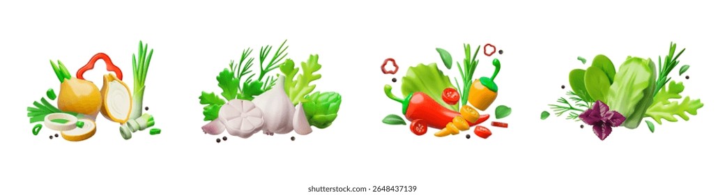 Conjunto 3D de vegetais frescos e verdes, repolho, manjericão, pimenta, cebola, alho, espargos, endro. Ingredientes condimentados para uma alimentação saudável. Vitamina Vegetarianismo. Plano de fundo isolado. Ilustração vetorial.