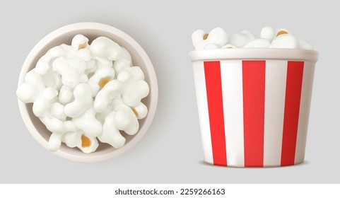 3D set of full popcorn bucket top and side view. Realistic vector illustration of striped paper cup with popped corn portion isolated on background. Salty or sweet cinema snack mockup. Movie food