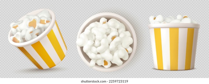 Conjunto 3D de la parte superior y la vista lateral del cubo de palomitas. Ilustración vectorial realista de la taza de papel a rayas con porción de maíz postido aislada en el fondo. Broma salada o dulce de cine. Comida para películas