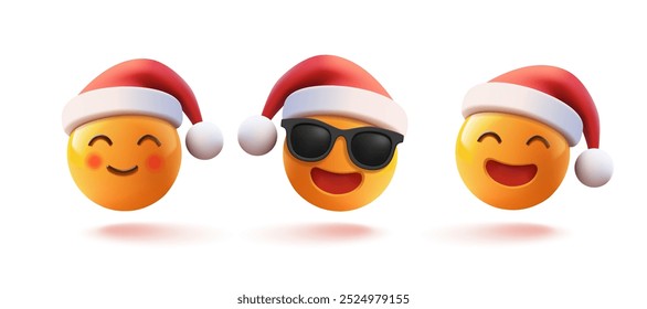 3D set of funny, happy emojis, emoticons, in Christmas red hats. Realistic icons for design and advertising concepts for Christmas promotional materials. Vector illustration.