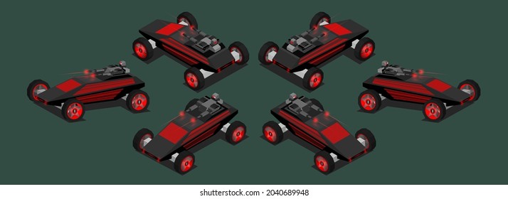 Juego 3D de vehículos militares futuristas, negros y rojos-buggies, con una torreta láser de tiro de combate en el techo