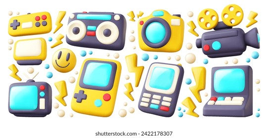 3D set of gadgets icons in cartoon style. Old, vintage electrical item on a white isolated background. 90s technology vector illustration.