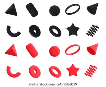 3d set geometric shape: square, cylinder, sphere, pyramid, torus, star, cone, icosphere. Simple figures red and black colors. Stock vector illustration on isolated background