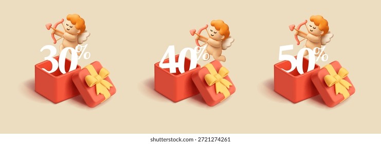 3D conjunto de caixas de presente com descontos e setas de tiro cupido de amor de um arco. Feliz Dia dos Namorados desconto e conceitos de venda. Ilustração vetorial.