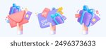 3D set of gifts for invitations, gift certificates, and email newsletters about upcoming promotions. Vector image.  Hand holding invitation red letter with gift card and ticket