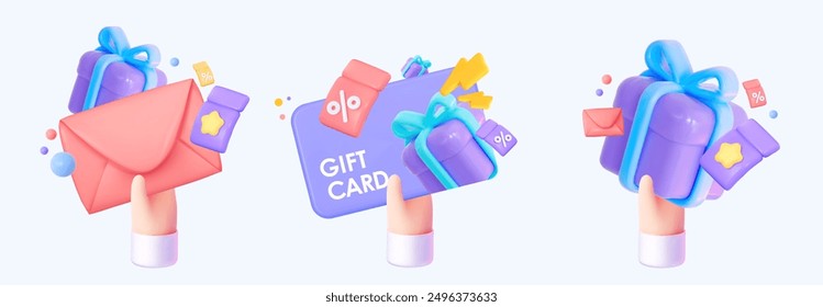 3D set of gifts for invitations, gift certificates, and email newsletters about upcoming promotions. Vector image.  Hand holding invitation red letter with gift card and ticket