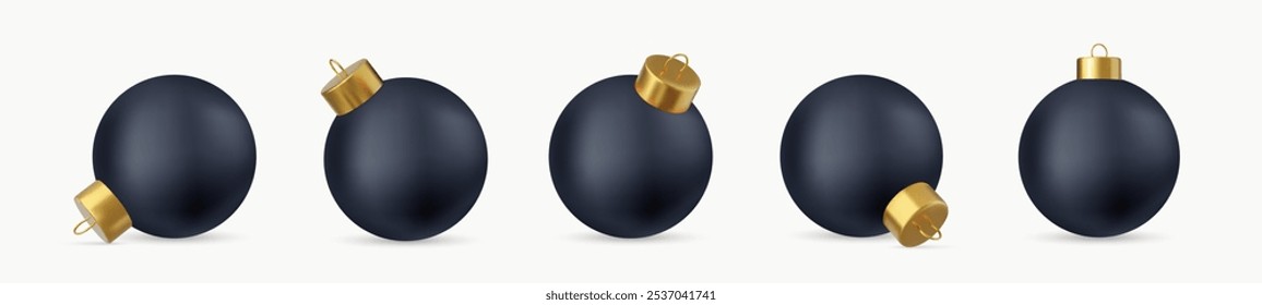 3d set of glass black Christmas ball Isolated on white background. New year toy decoration. Holiday decoration element. 3d rendering. Vector illustration