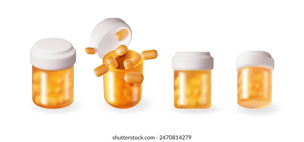 3D set of glass bottle full of pills. Render collection of medicine package for pills, capsule, drugs. Box for pain treatment. Medical drug vitamin antibiotic. Healthcare pharmacy. Vector illustration